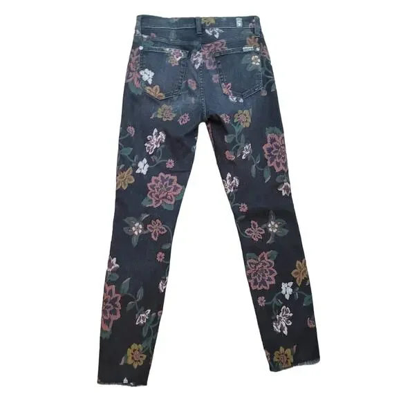 7‎ For All Mankind Jeans Black Painted Floral Raw Hem Skinny Ankle Size 26 - Picture 2 of 4